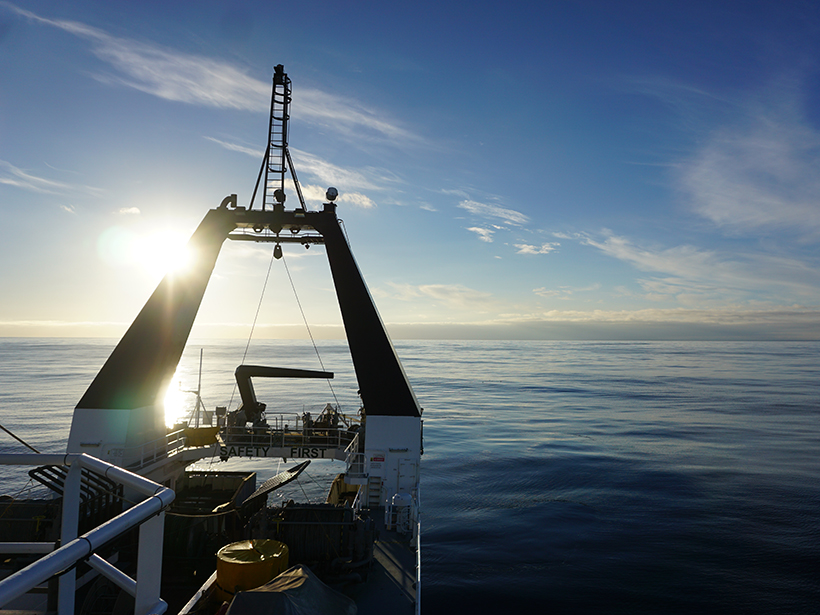 New Zealand’s Canterbury coast seen from R/V Tangaroa during the MARCAN program’s controlled-source electromagnetic survey.