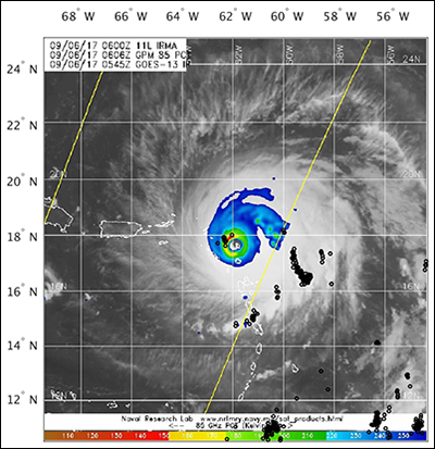 Lightning strike locations and brightness temperatures for Hurricane Irma, in 2017.