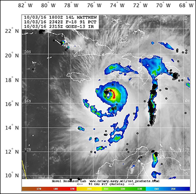 Results from the WWLLN-TC data product for Hurricane Matthew in 2016, pinpointing regions of intense convection.