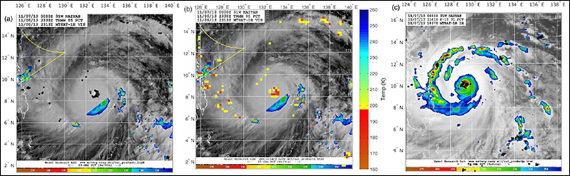 Reconstruction of satellite data using lightning for Typhoon Haiyan in 2013 at its peak intensity.