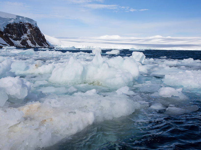 Sea ice at a bay on Joinville Island in Antarctica.