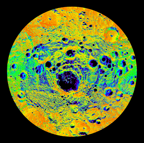 Illumination map of Mercury’s south pole to 80°S, colored by percent sunlit during a Mercury solar day.