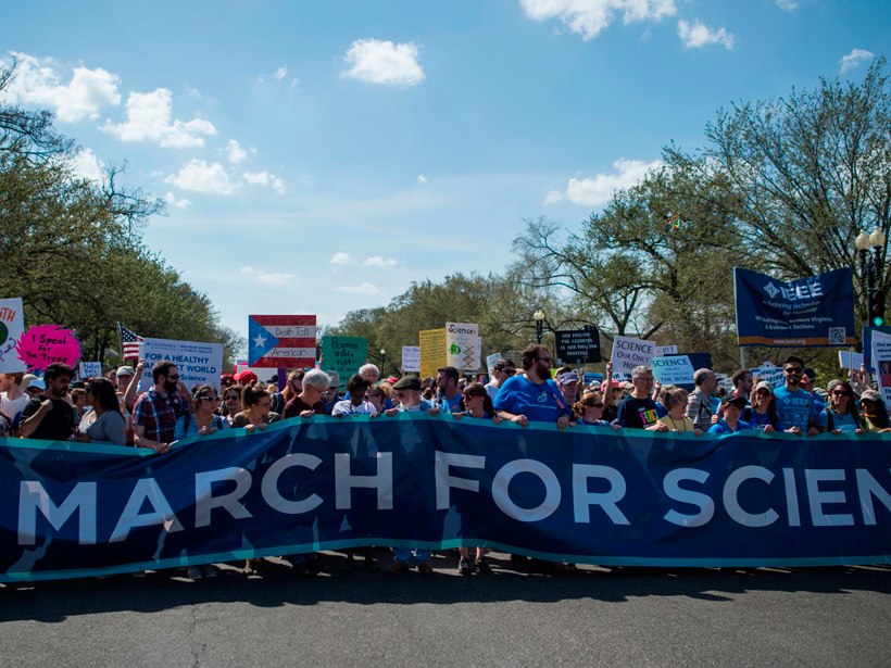 Demonstrators in Washington, D. C., at the 2018 March for Science on 14 April.