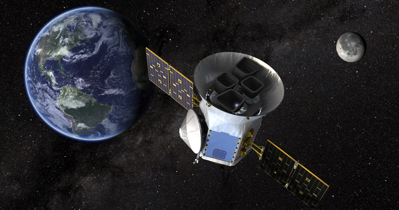 Artist's conception of TESS with the Earth and Moon in the background.