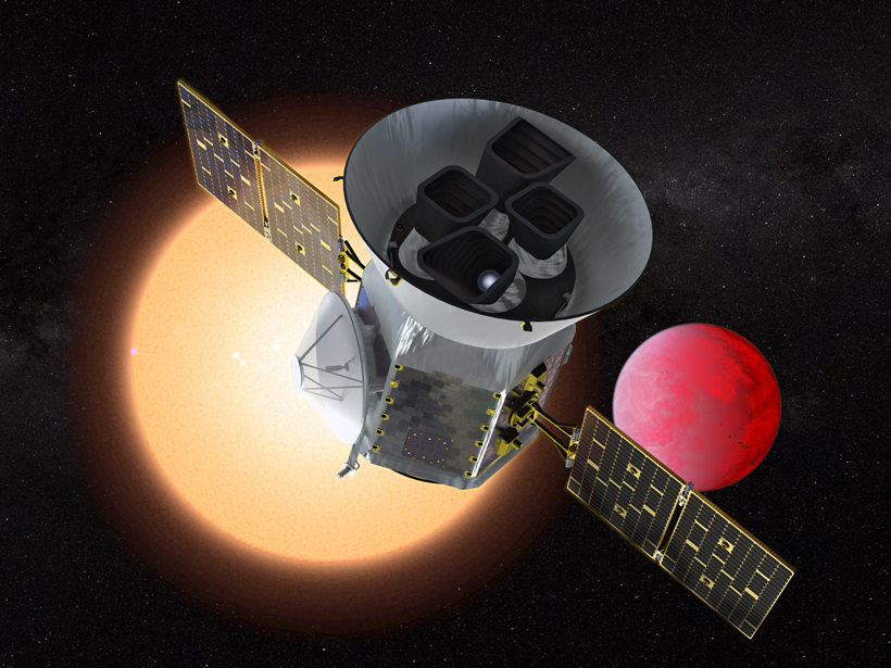 Artist’s conception of TESS, with a hypothetical lava planet and its host star in the background.