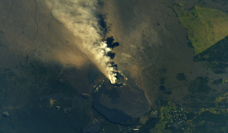 Mid-May 2018 photo from the International Space Station showing activity on Hawaii’s Kīlauea volcano.