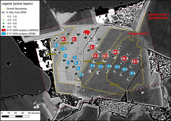 Zoned dolomite-ankerite grain from a polished rock surface mapped using QGIS software to composite several image layers