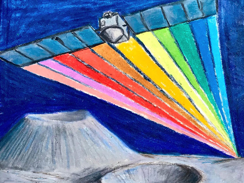 A hand-drawn sketch of Dawn flying over Ceres.