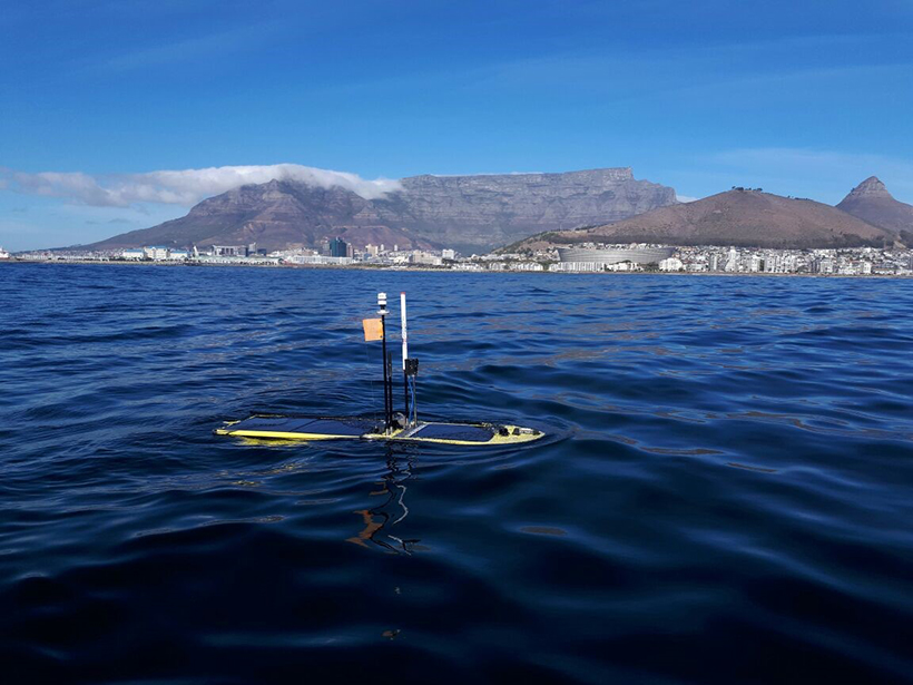 An SV3 surface wave glider being tested off Cape Town, South Africa, prior to its deployment during the GINA project