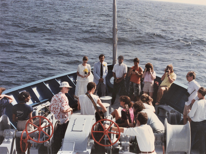 Jill Karsten and Rodey Batiza, at their 1988 wedding aboard the R/V Thomas Washington, en route to the East Pacific Rise.