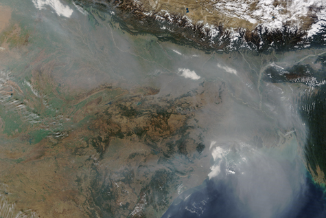 Satellite image showing haze over the Indo-Gangetic Plain in January 2016.