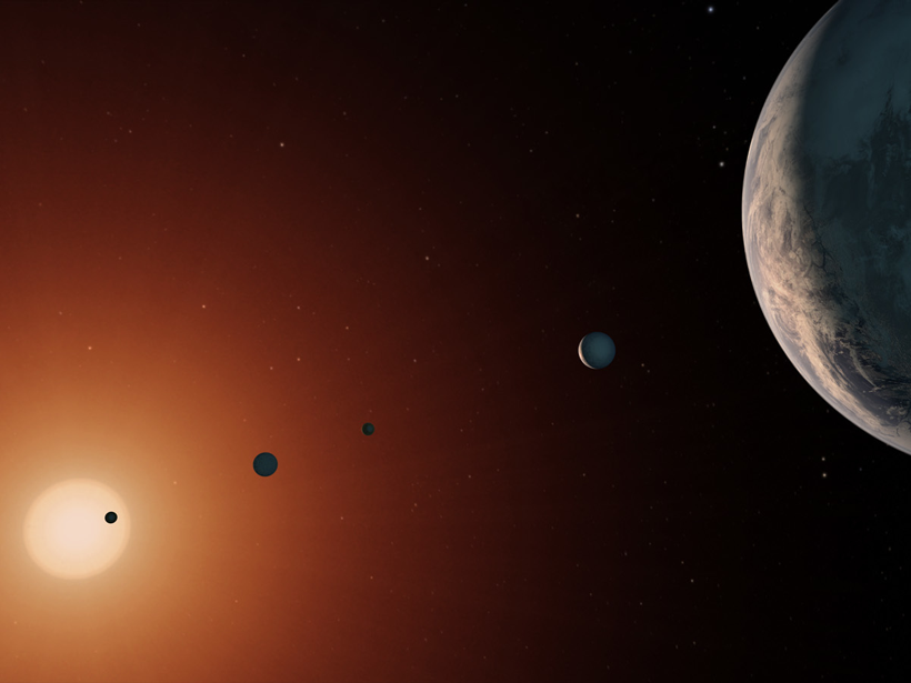 The TRAPPIST-1 exoplanet system as it might look like from a vantage point near the planet TRAPPIST-1f (at right)