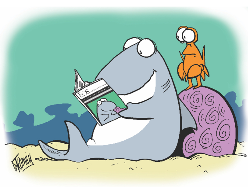 Sherman’s Lagoon comic panel showing Sherman and Hawthorn reading Eos.