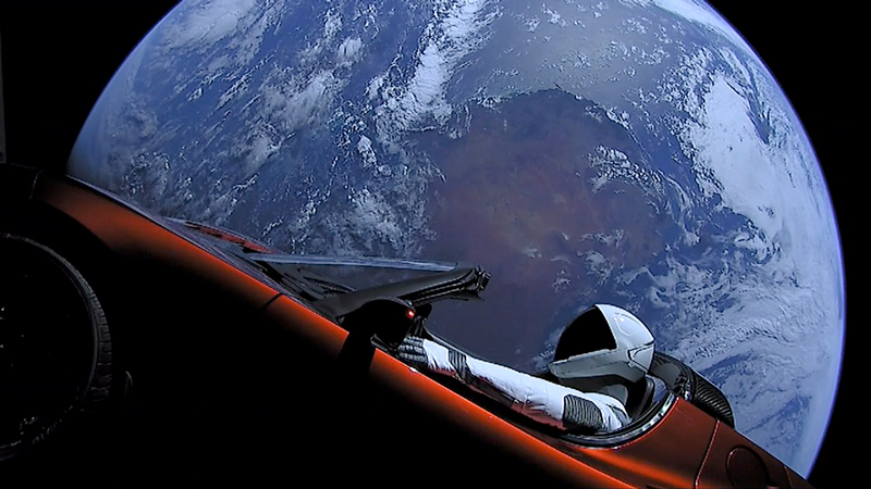 “Spaceman” flying a Tesla Roadster toward Mars
