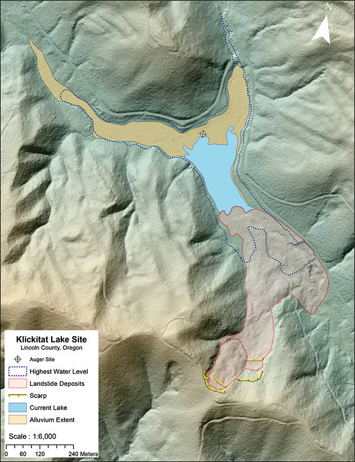 I dati di Lidar identificano l'origine delle caratteristiche del paesaggio in questa mappa del lago di Klickitat arginato dalla frana in Oregon.