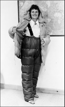 Ursula Marvin displays her Antarctic gear before the 1978 meteorite hunt.