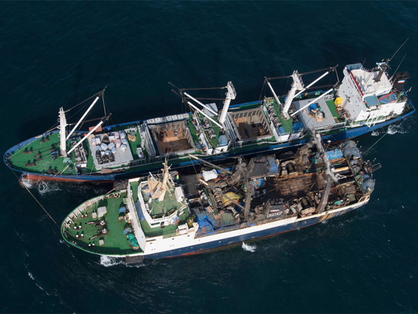 A fishing vessel and a cargo vessel involved transshipment—likely illegal-- off the western coast of Africa in 2017.