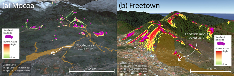 STEP-TRAMM simulations of landslide soil mass releases and debris flow runout