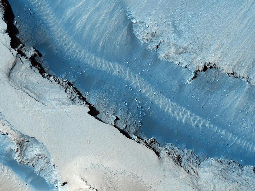 Image of part of the Cerberus Fossae fault, taken by the HiRISE instrument aboard the Mars Reconnaissance Orbiter.