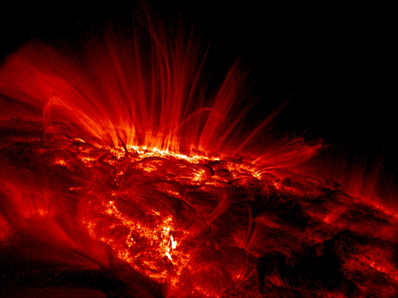 A large sunspot observed by the Transition Region and Coronal Explorer (TRACE) satellite in the UV in September 2000.
