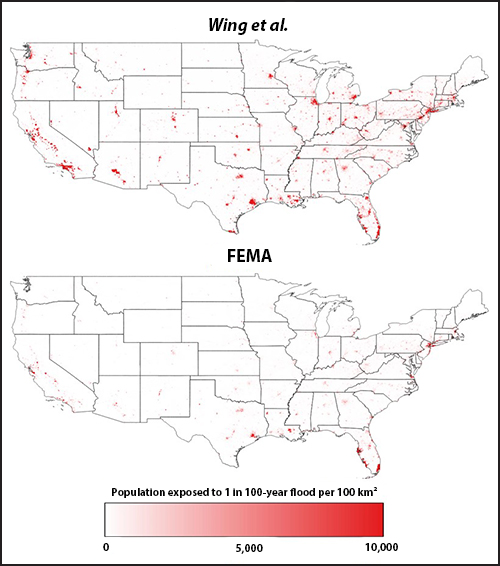 (top) A new approach shows that 3 times more Americans are exposed to a 1-in-100-year flood than (bottom) FEMA’s estimate.