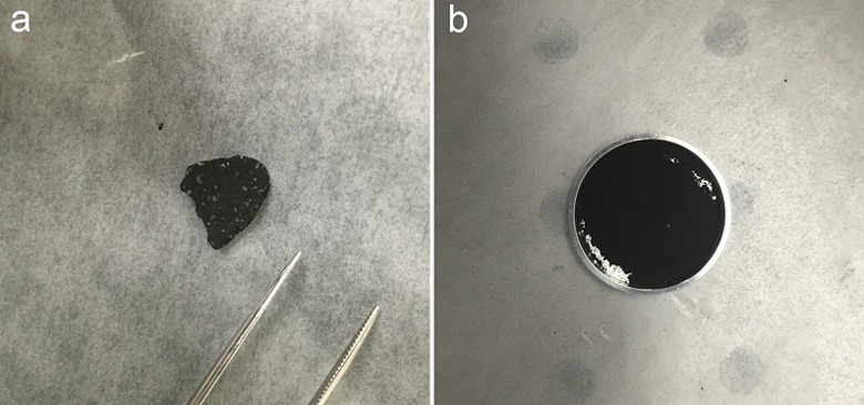 The new study compared mid-infrared spectra from a chip from the Tagish Lake meteoroid (right) whole and (left )ground-up to spectra collected from Phobos by the Mars Global Explorer spacecraft in 1998.