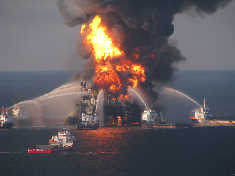 Fireboat response crews battle blazing remnants of the Deepwater Horizon offshore oil rig in the Gulf of Mexico in 2010.