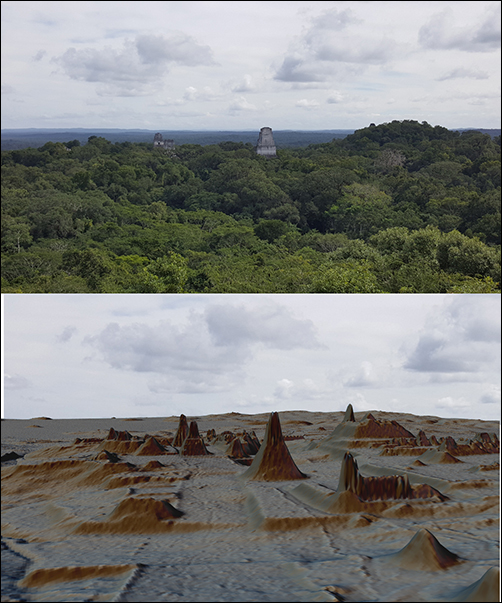 Maya’s Tikal seen from above the trees, coupled with a lidar image of the same view with the vegetation stripped away.