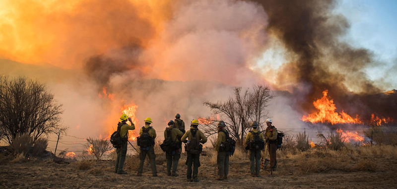 Firefighters stand at the edge of a wildfire.