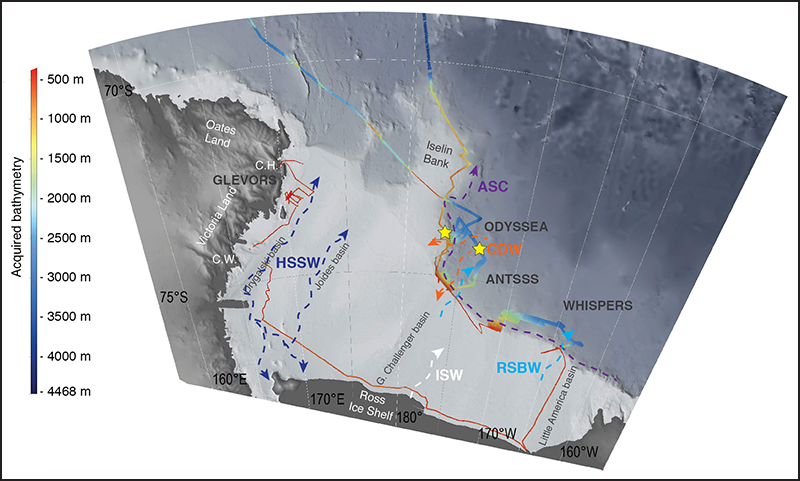 2017 OGS Explora survey, showing the main water masses that form and mix in the Ross Sea along with other locations of note.