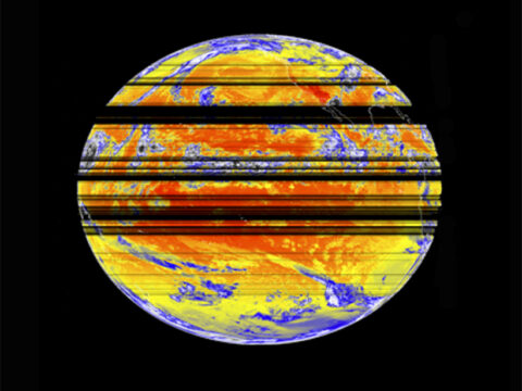 Horizontal black lines show weather satellite data loss from radio frequency interference in 2015.