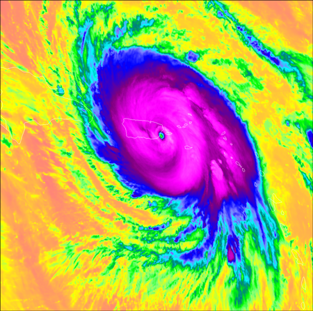 Hurricane Maria over Puerto Rico in 2017, as seen by the GOES-16 weather satellite’s ABI imager.