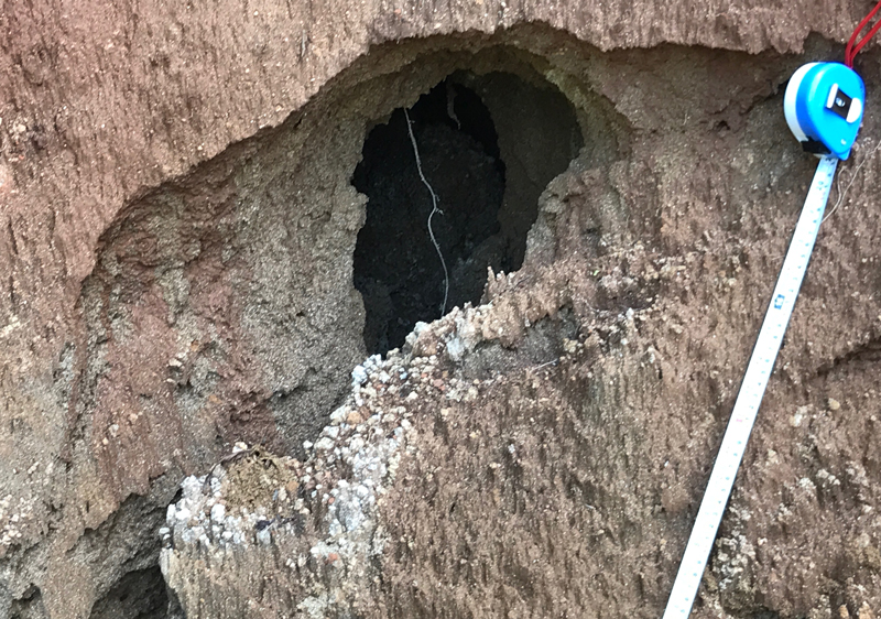Large sub-surface hole in a landslide photographed on 7 September 2018 in India.