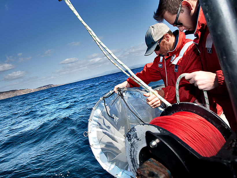 Researchers use a net to collect plankton in order to study diversity and biomass