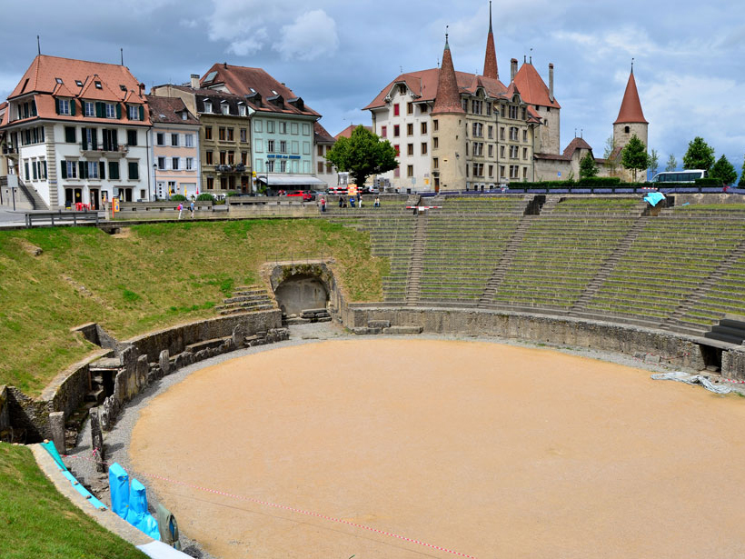 The amphitheater of the ancient Roman city of Aventicum, in the Swiss town of Avenches
