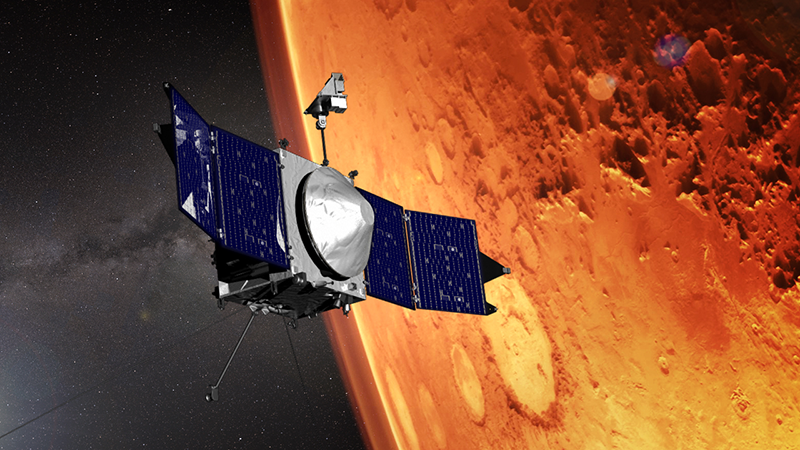 In this artist’s conception, the MAVEN spacecraft is orbiting Mars.