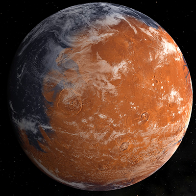 This artist’s conception, based on Mars’s current topography, shows an early, wetter Mars with a thicker atmosphere.