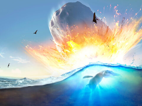 Artist’s impression of an asteroid impacting shallow waters near the modern-day Yucatán Peninsula.