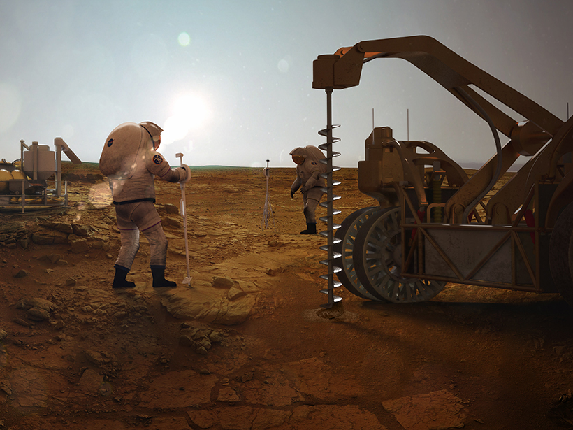 Artist's rendering of explorers on Mars extracting water from subsurface ice deposits.