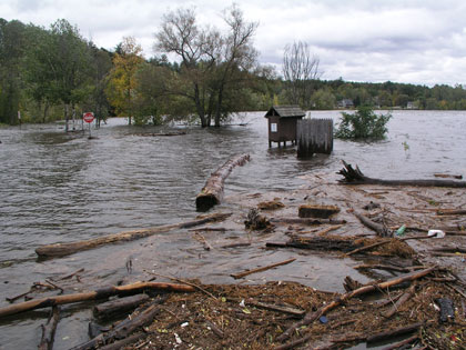 Downed trees and damaged infrastructure from flooding along the Merrimack River in New Hampshire
