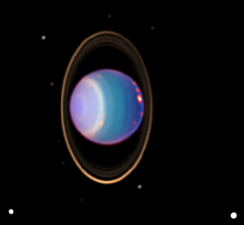 False-color image of Uranus and its rings and moons