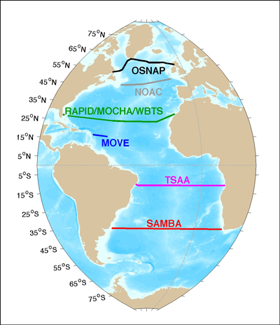 A map of the existing Atlantic meridional overturning circulation moored arrays