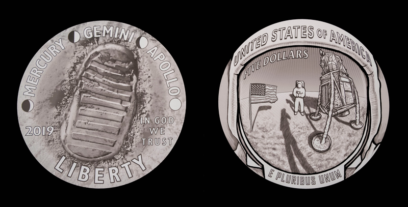 Obverse and reverse sides of the Apollo 11 50th anniversary commemorative coin Obverse and reverse sides of the Apollo 11 50th anniversary commemorative coin