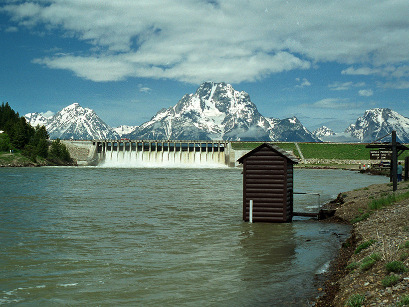 A view of Jackson Lake Dam in northwestern Wyoming