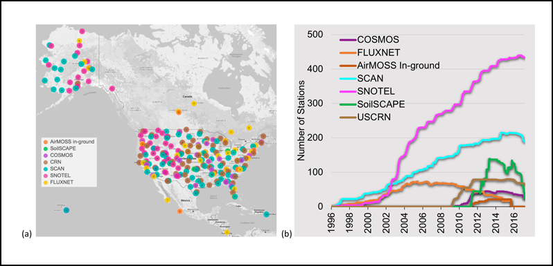 Locations of in situ soil moisture networks from North America and numbers of operational stations in these networks.