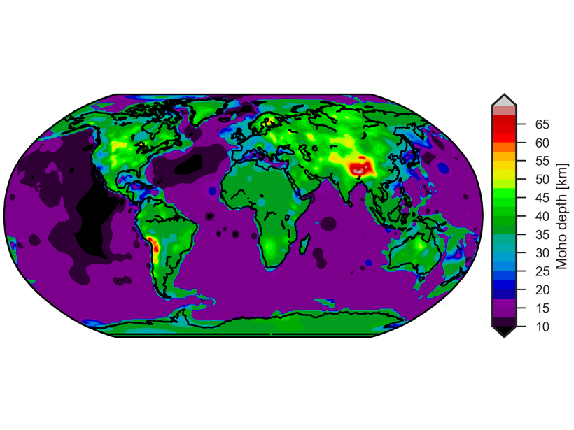 New global map of the depth of the base of the Earth’s crust, also called the Moho boundary.
