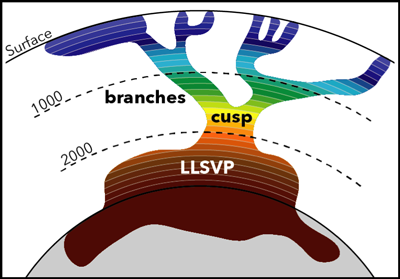 A simplified image showing the cusp and branches of the LLSVP that sits at the base of the mantle below Africa