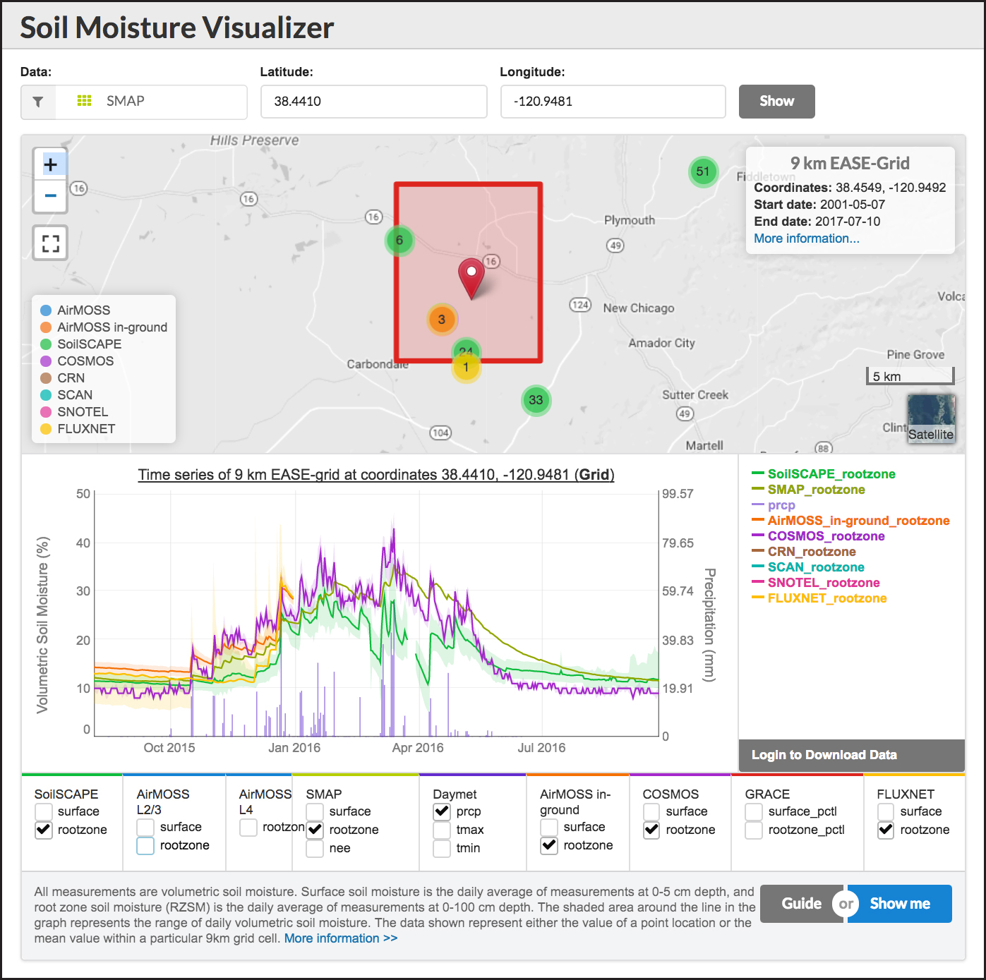 The Soil Moisture Visualizer allows users to compare soil moisture measurements from multiple sources.