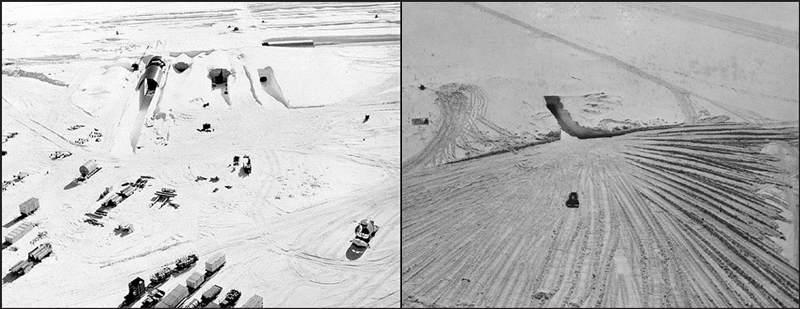 Northeast portal to Camp Century during construction in 1959 (left) and in 1964 (right), shortly before the base was abandoned.