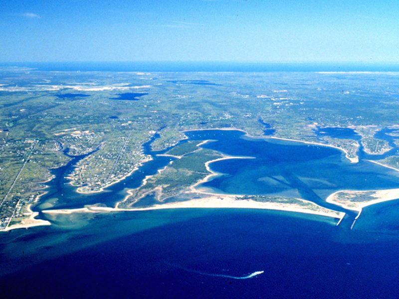 An aerial view of Waquoit Bay, a shallow estuary on Cape Cod, Mass.